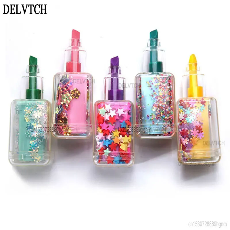 Highlighter Set Pastel - 미니 스팽글 매니큐어 병 형광펜 5