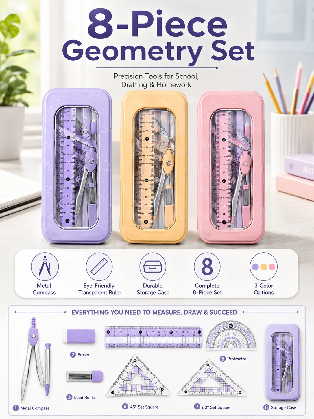 학생용 8종 수학 기하학 세트, 컴퍼스, 각도기, 자, - Compass Geometry Set 리뷰 및 가격